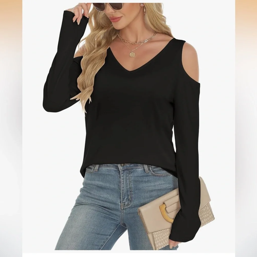 🆕 Cold-Shoulder V-Neck Long Sleeve Top - Black - Picture 2 of 8